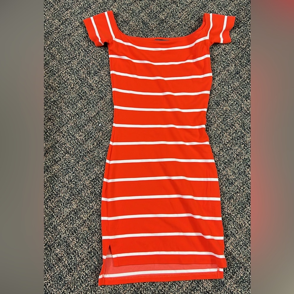 Armani Exchange orange and white striped short sleeve bodycon dress